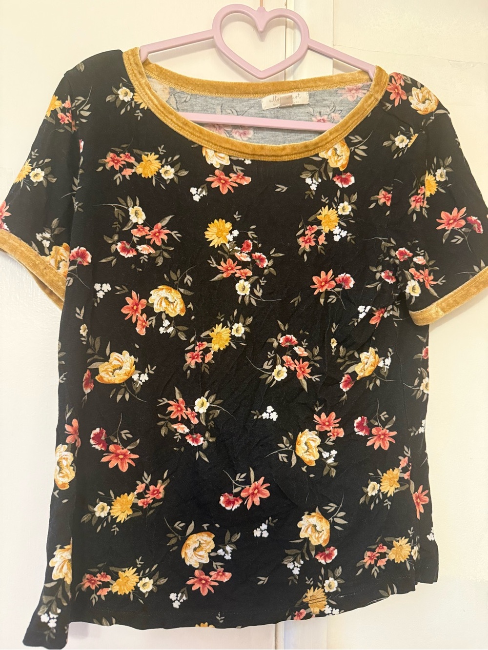 Ultra Flirt Black Floral Velvet Short Sleeve Top with Mustard Trim